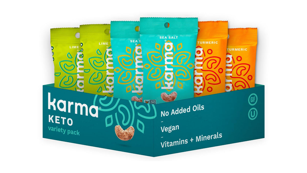 Karma Nuts Golden Turmeric cashews pack for keto-friendly snacking.