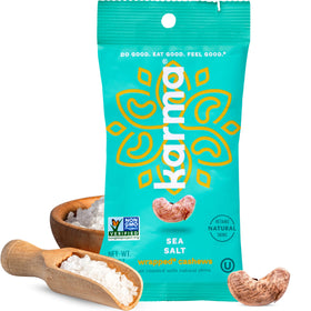 Karma Nuts Sea Salt Cashews packaging, convenient 12-pack for on-the-go snacking.