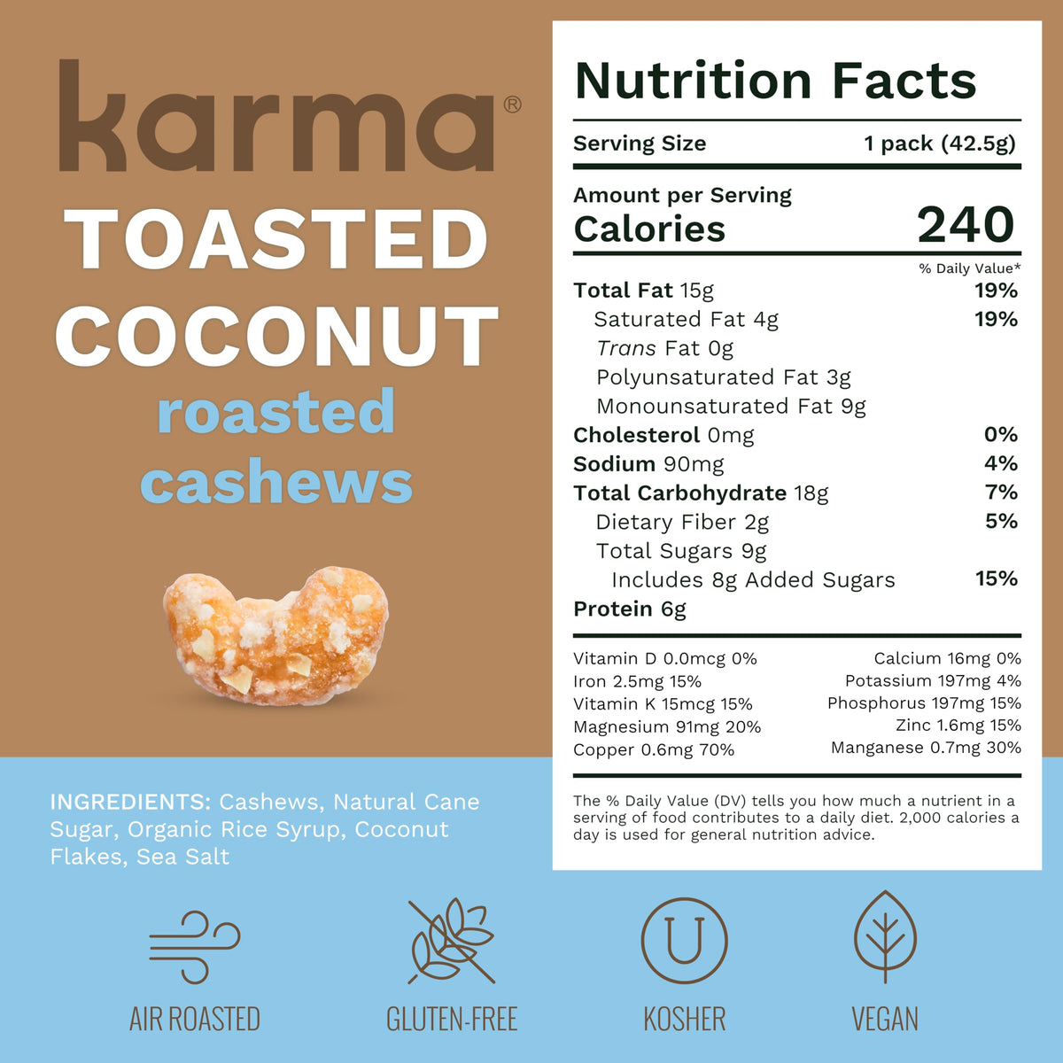 Karma Nuts Toasted Coconut Cashews Kerala coconut sourcing, premium flavor cue.