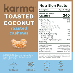 Karma Nuts Toasted Coconut Cashews Kerala coconut sourcing, premium flavor cue.
