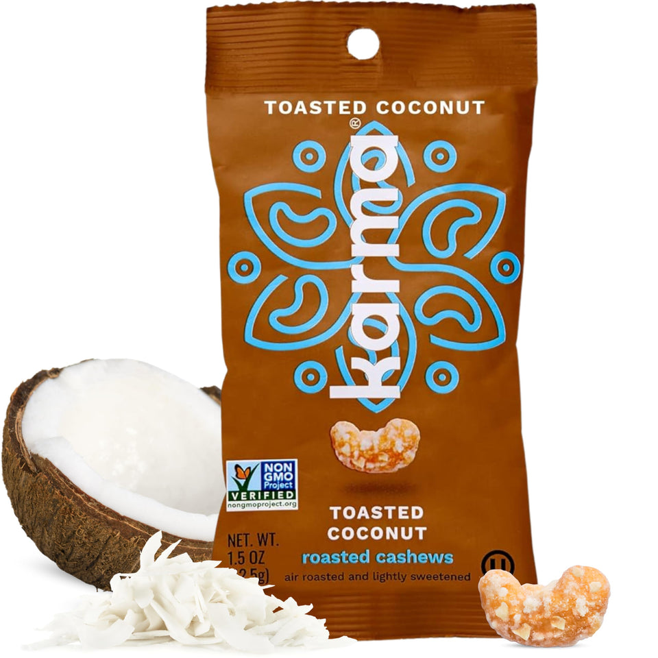 Karma Nuts Toasted Coconut Cashews pack front, a convenient on-the-go snack.