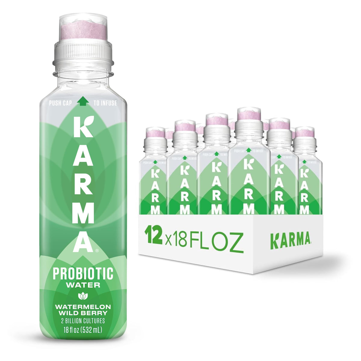 Karma Probiotic Water 12-pack Watermelon Wild Berry bottles promote daily hydration and gut balance.