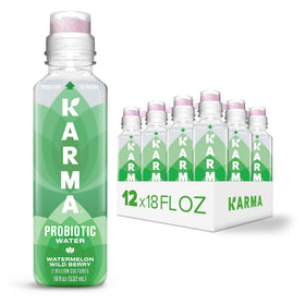 Karma Probiotic Water 12-pack Watermelon Wild Berry bottles promote daily hydration and gut balance.