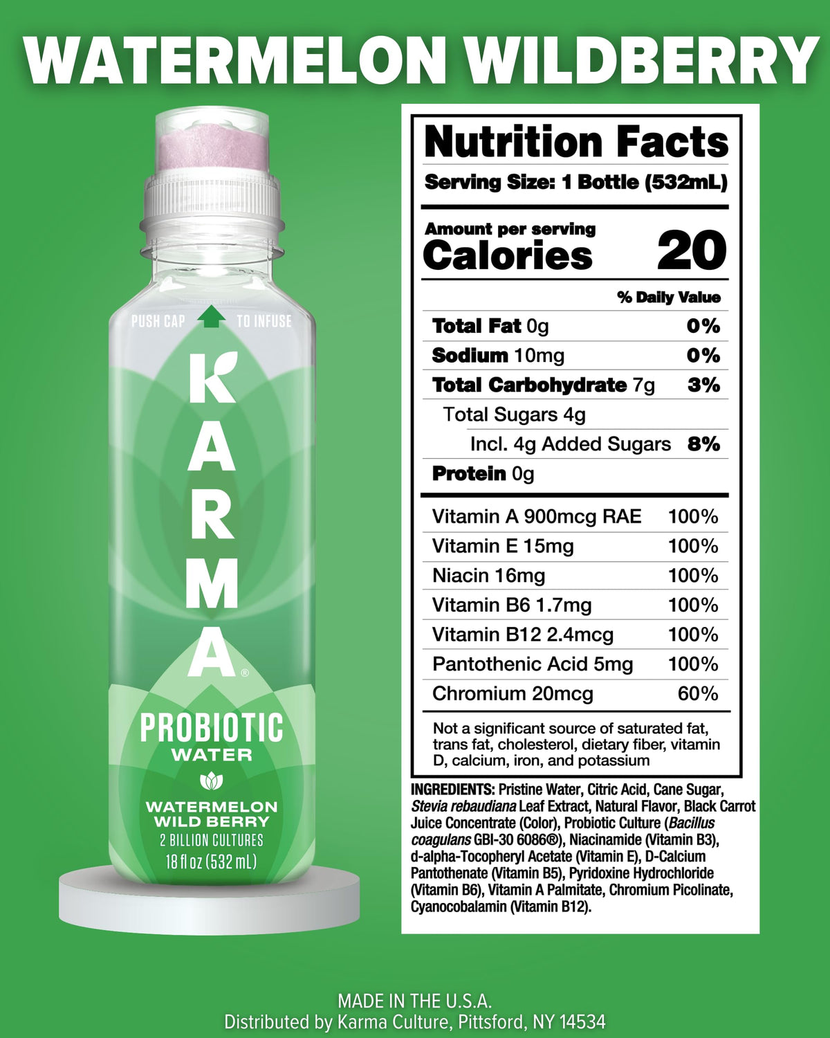 Karma Probiotic Water supports digestive balance with BC30 probiotics.