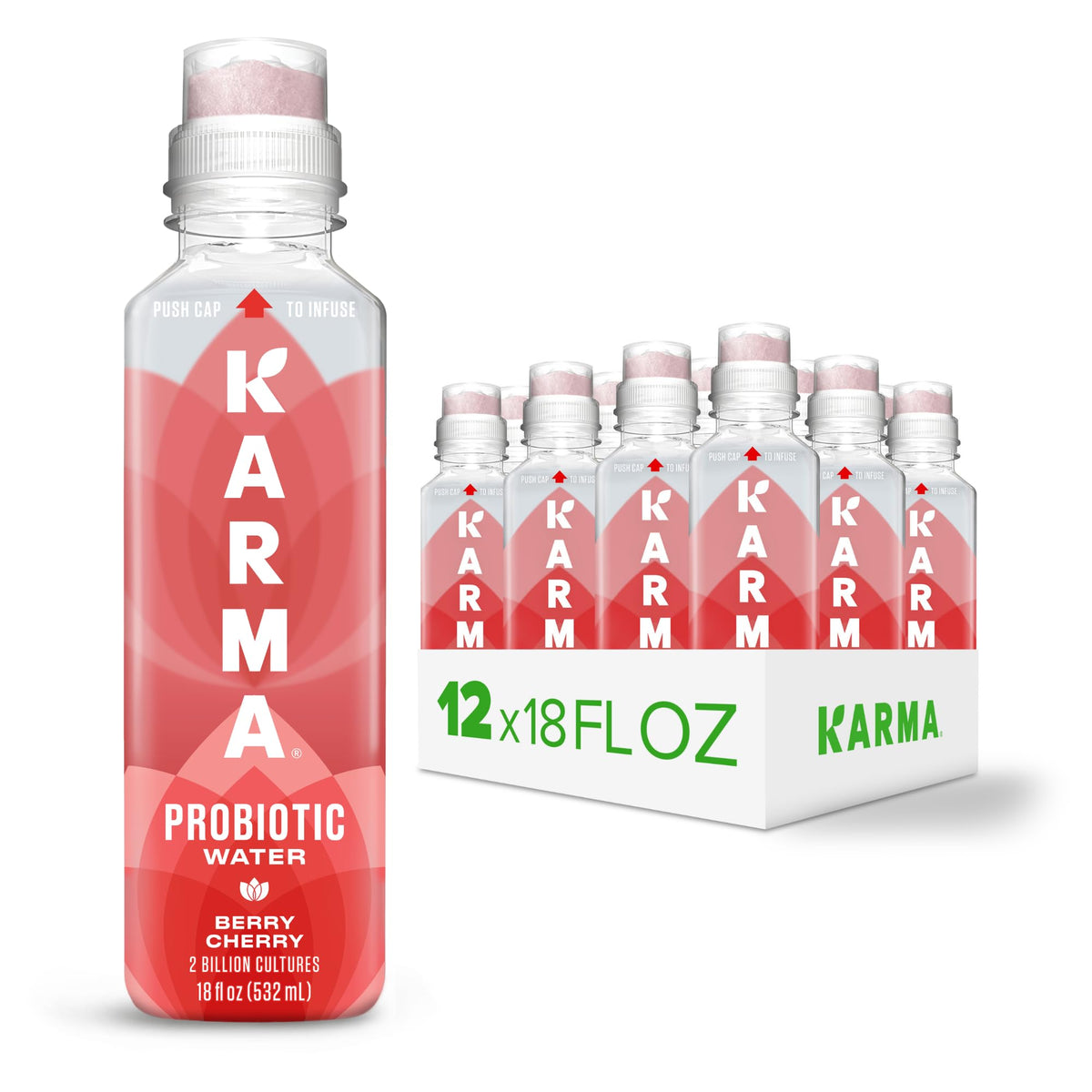 Karma Probiotic Water Berry Cherry bottle front for refreshing gut-friendly hydration