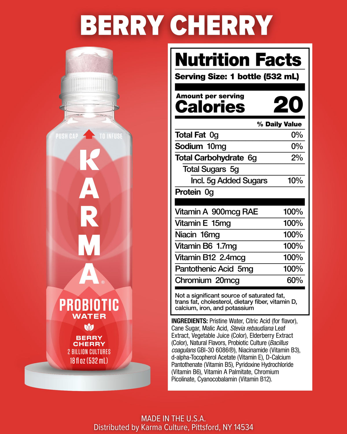 Karma Probiotic Water Berry Cherry glass with vibrant color and real fruit appeal