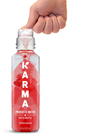 Karma Probiotic Water label closeup highlighting BC30 probiotic and vitamins