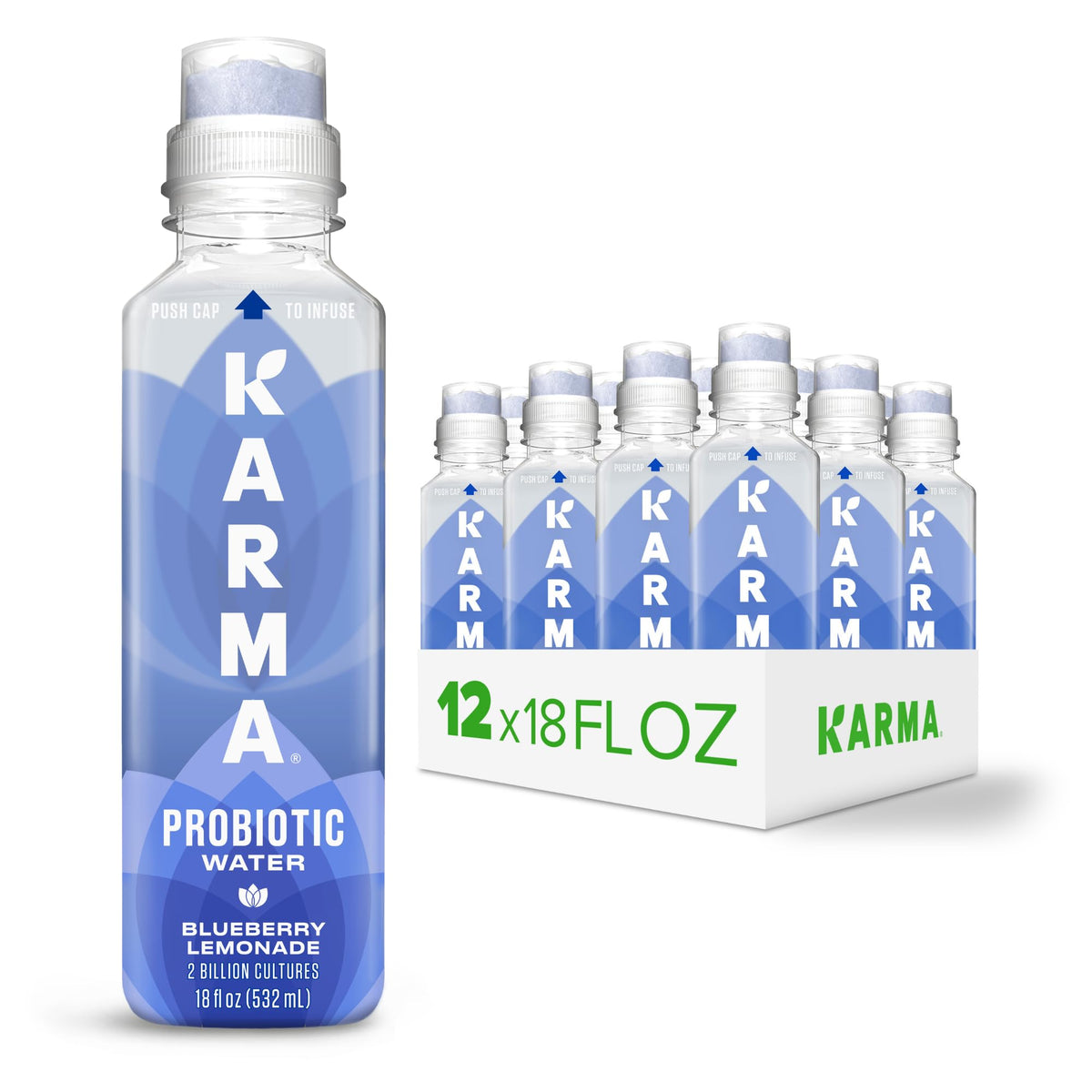 Karma Probiotic Water Blueberry Lemonade bottle showing refreshing hydration