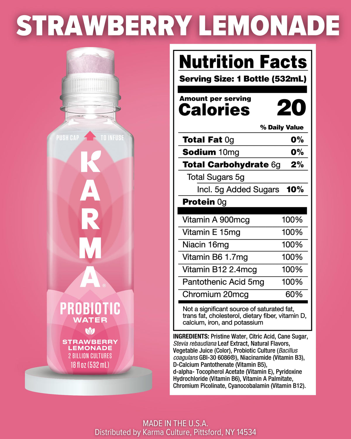 Chilled Karma Probiotic Water on fridge display, ready for quick, refreshing hydration.