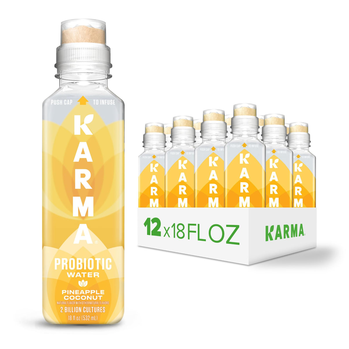 Karma Probiotic Water pineapple coconut bottle shows refreshing flavor and gut support potential
