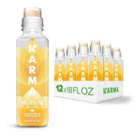 Karma Probiotic Water pineapple coconut bottle shows refreshing flavor and gut support potential