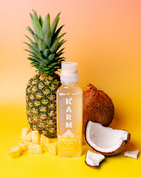 Karma Probiotic Water pineapple coconut ingredients label highlights nutrients