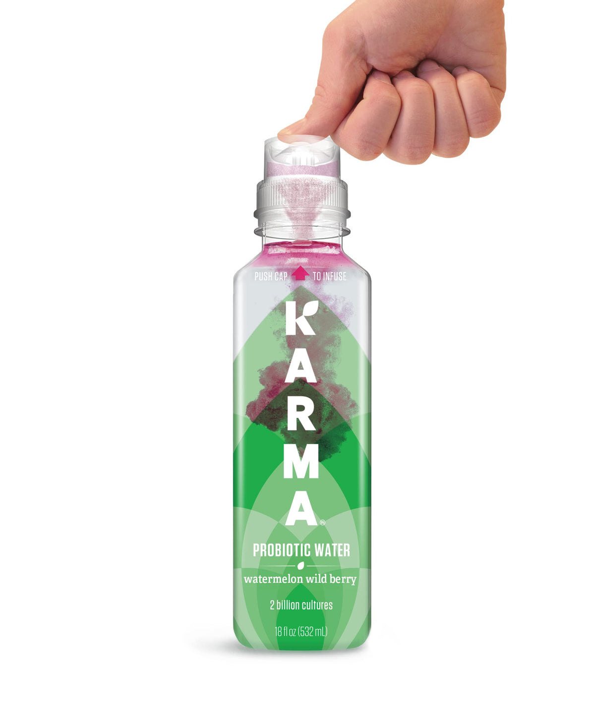 Karma Probiotic Water with Push Cap activation preserves freshness until opening.