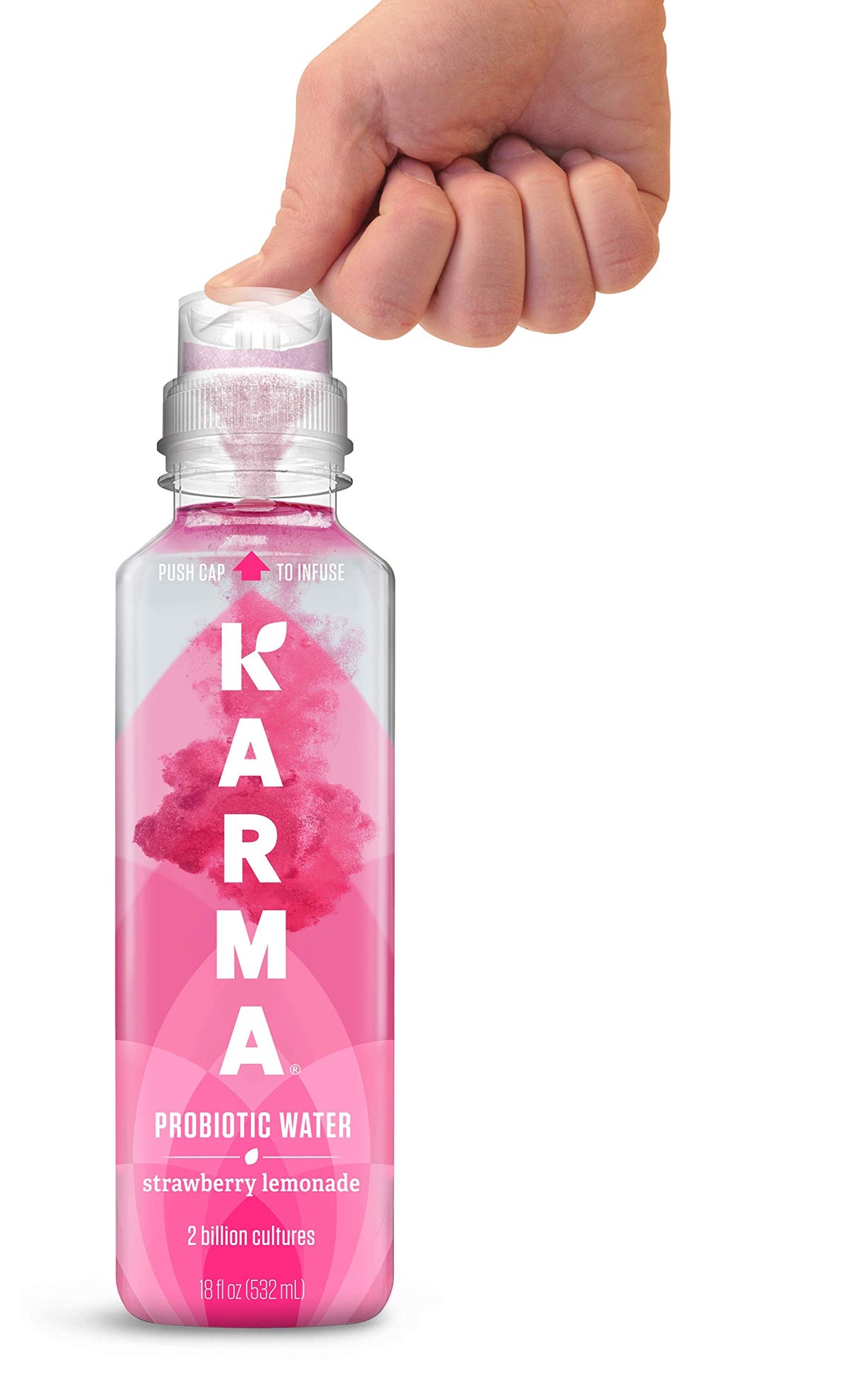Karma Probiotic Water push-cap bottle showing freshly activated nutrients for peak probiotic potency.