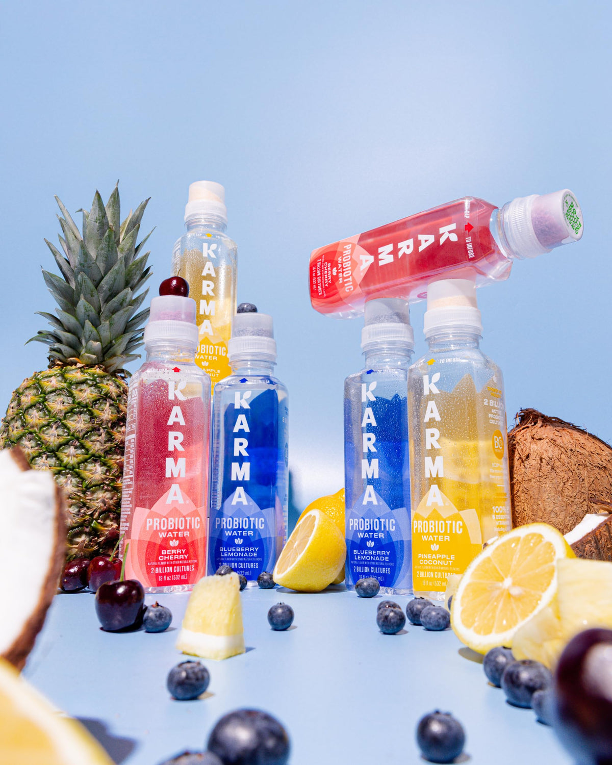 Karma Probiotic Water Push Cap technology preserves freshness until opening