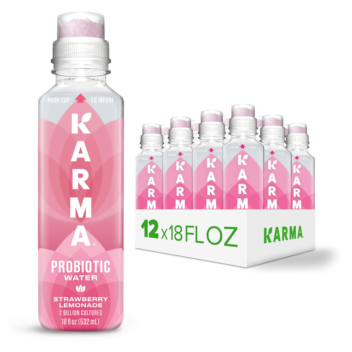 Karma Probiotic Water bottle with strawberry lemonade offering refreshing flavor and immune-supporting probiotics.