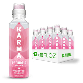 Karma Probiotic Water bottle with strawberry lemonade offering refreshing flavor and immune-supporting probiotics.