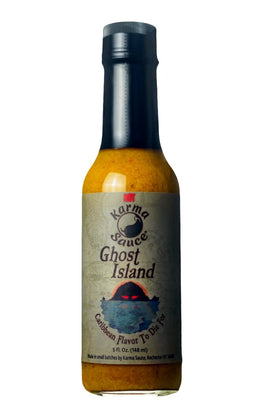 Karma Sauce Ghost Island hot sauce bottle with tropical heat and bold flavor.