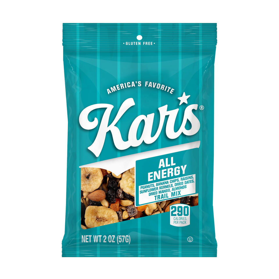 Kar’s Nuts All Energy Unsalted Trail Mix 2 oz pouch with nuts and fruit