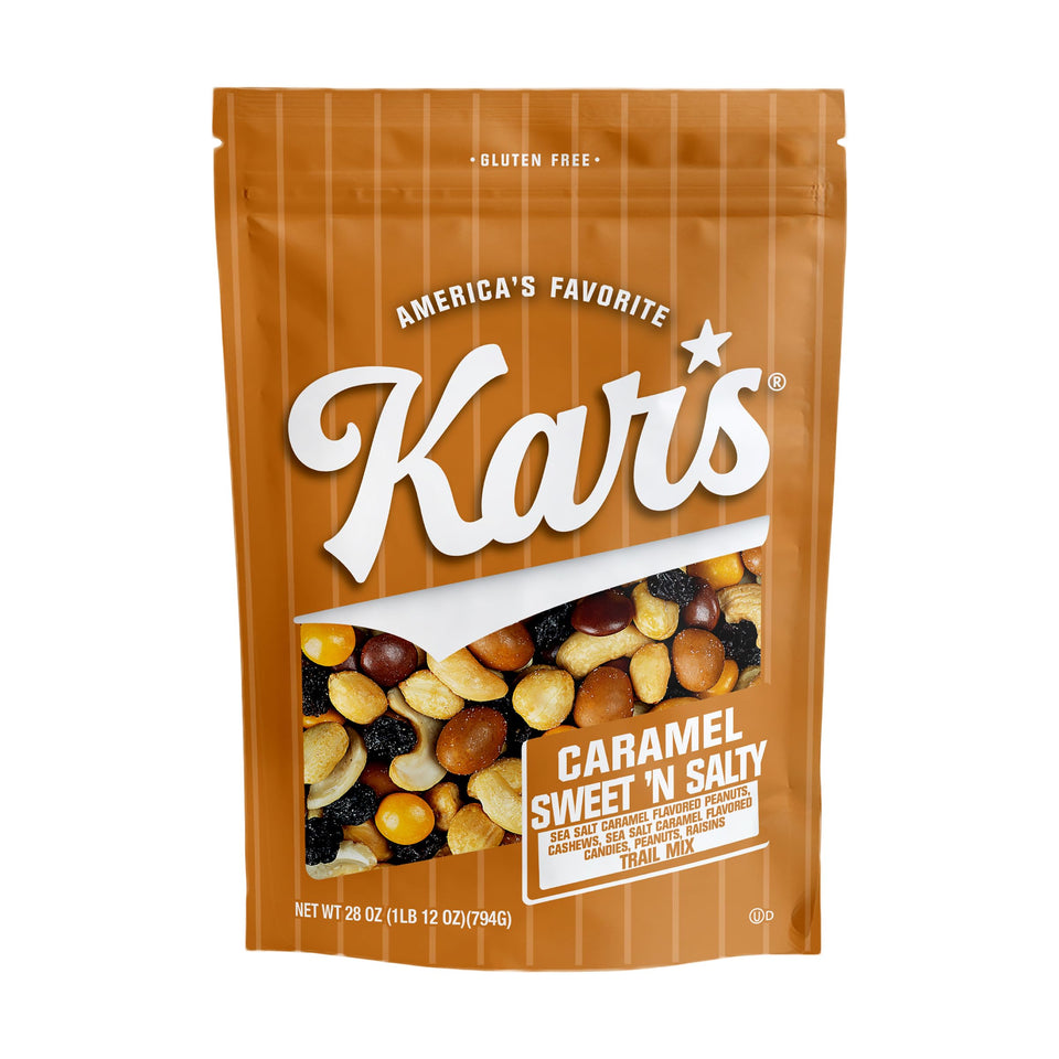 Kar's Nuts Caramel Sweet 'N Salty Trail Mix in a 28 oz resealable pouch for on-the-go.