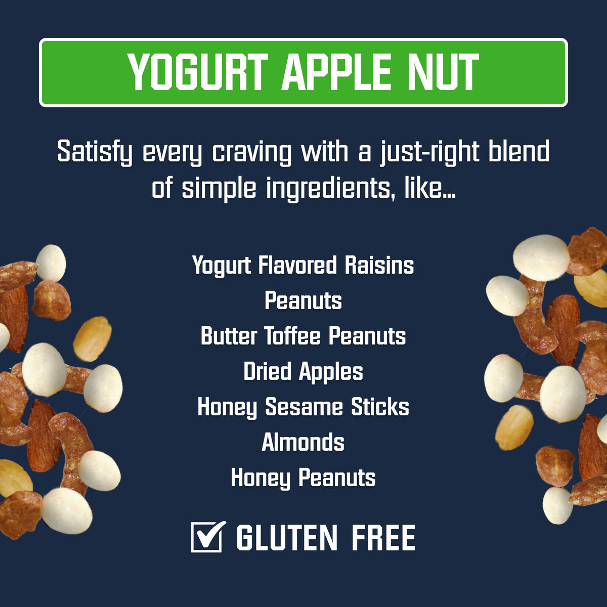 Gluten-free trail mix close-up featuring Yogurt Apple Nut blend.
