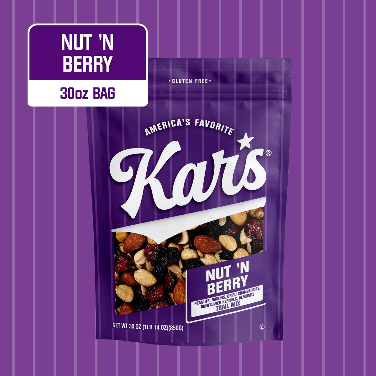 Kar’s Nuts Nut N Berry Trail Mix close-up of roasted nuts and dried fruit.