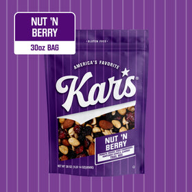 Kar’s Nuts Nut N Berry Trail Mix close-up of roasted nuts and dried fruit.