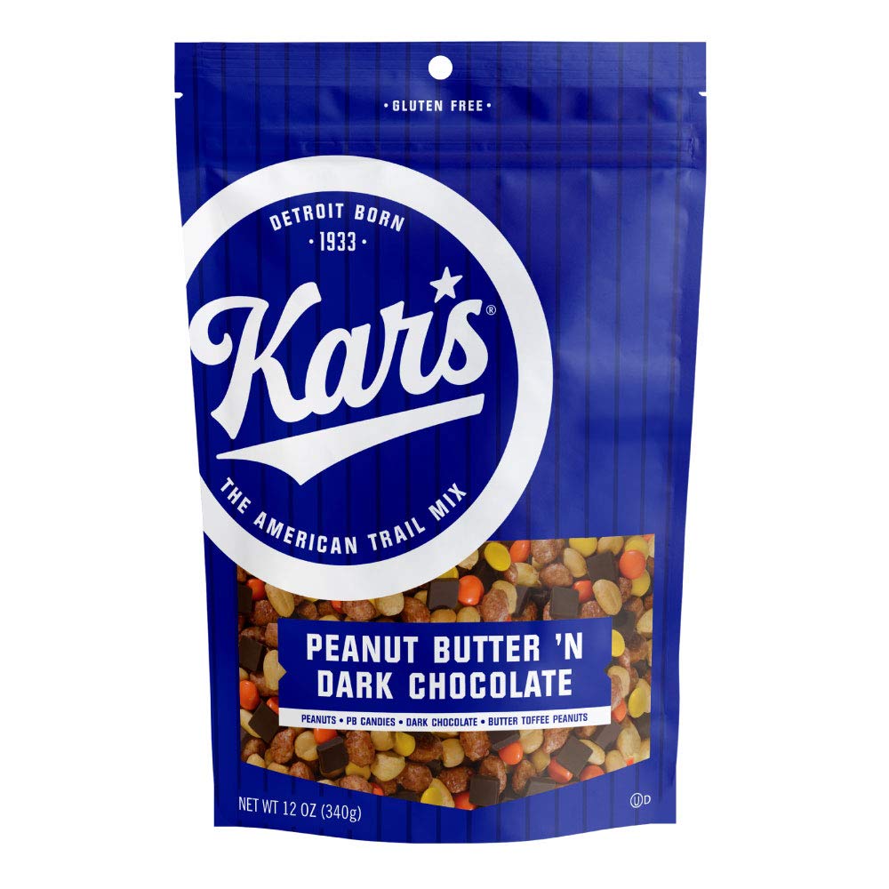 Kar’s Nuts Peanut Butter ’N Dark Chocolate Trail Mix in a 12 oz resealable pouch for on-the-go snacking.