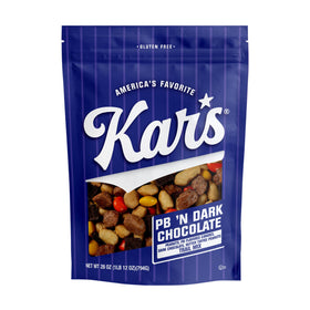 Kar's Nuts Peanut Butter 'N Dark Chocolate Trail Mix in resealable pouch shows freshness on the go