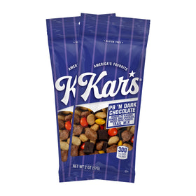 Kar’s Nuts Peanut Butter 'N Dark Chocolate Trail Mix bites, ideal for on-the-go energy.