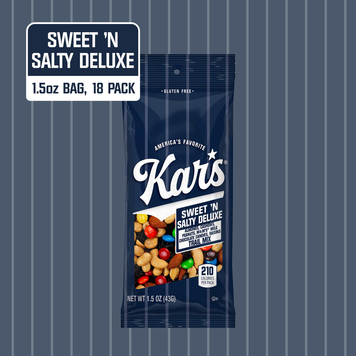 Kar’s Nuts Sweet 'N Salty Deluxe Trail Mix close-up of ingredients: almonds, raisins, M&M’s.