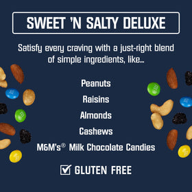 Kar’s Nuts Sweet 'N Salty Deluxe Trail Mix close-up showing M&M’s and nuts for a balanced bite.