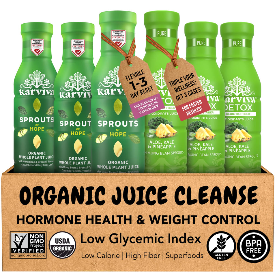 Karviva bottle green juice on countertop shows a low-sugar, detox-friendly beverage