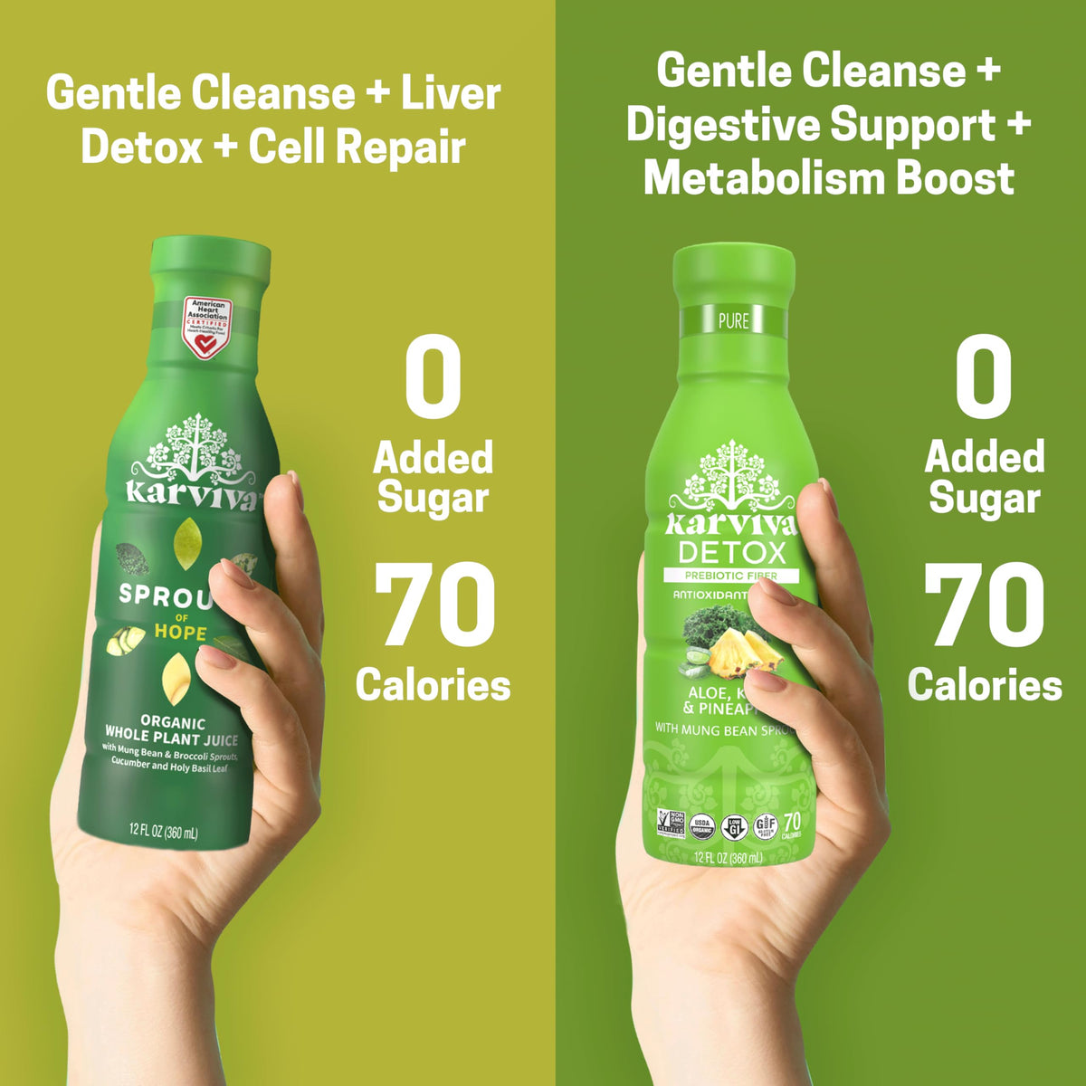 Karviva bottle poured into a glass highlights refreshing, balanced flavors for mindful cleansing
