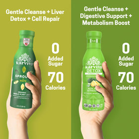 Karviva bottle poured into a glass highlights refreshing, balanced flavors for mindful cleansing