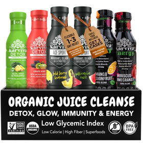 Karviva Detox bottle lineup with vibrant fruit-and-vegetable blends for a refreshing reset