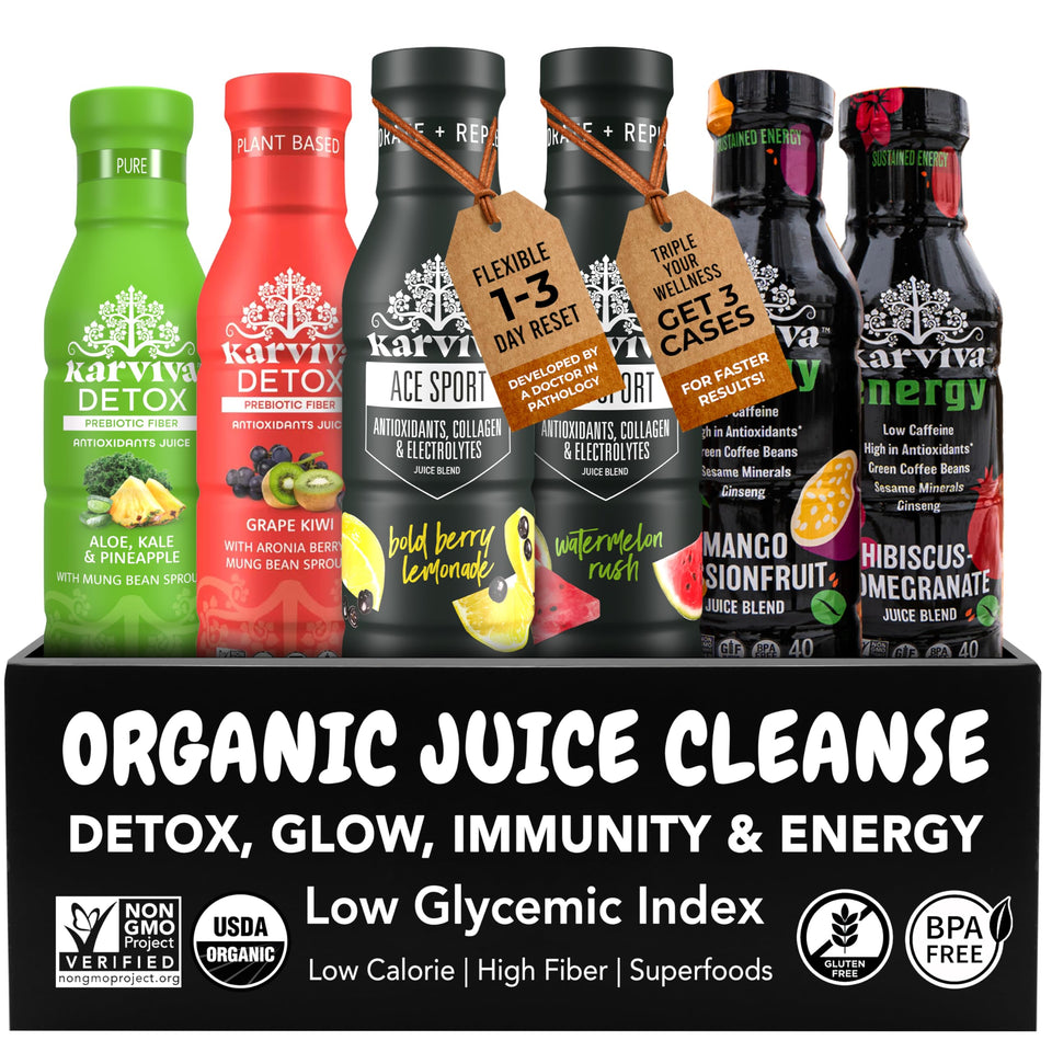 Karviva Detox bottle lineup with vibrant fruit-and-vegetable blends for a refreshing reset