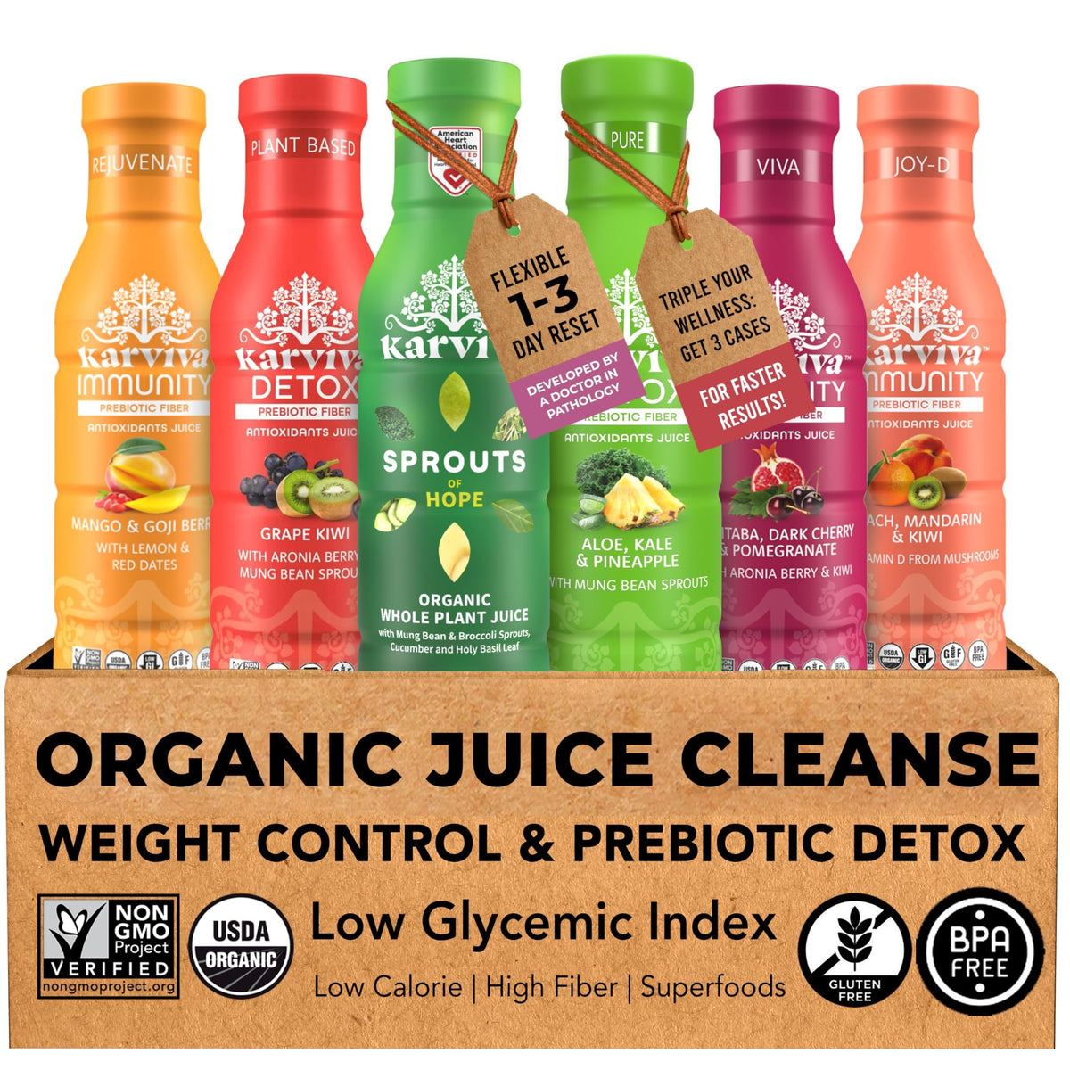 Karviva Juice Cleanse front view with six bottles for flexible daily plans