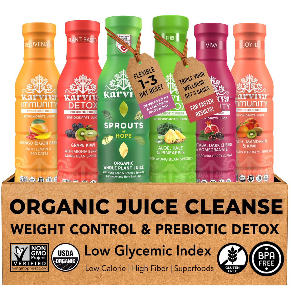 Karviva Juice Cleanse front view with six bottles for flexible daily plans