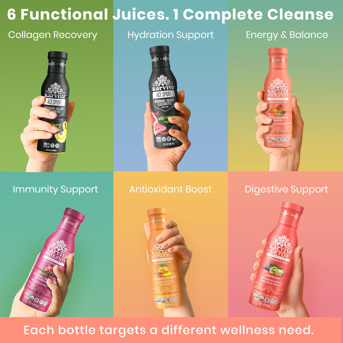 Karviva label on organic juice highlights plant-based formulation and purity.