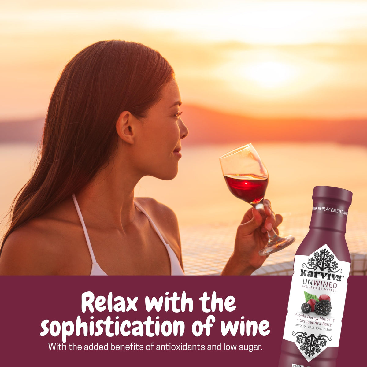 Four BPA-free Karviva Unwined bottles arranged for party or gift setup