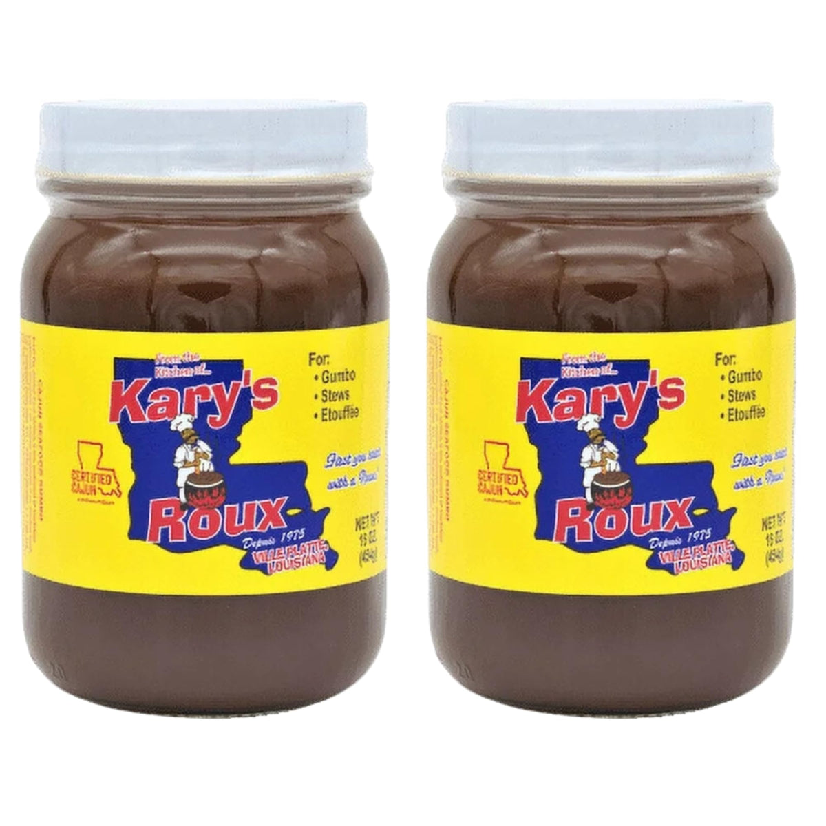 Kary's Original Roux 2-pack bottles on shelf, ideal base for gumbo and stews.