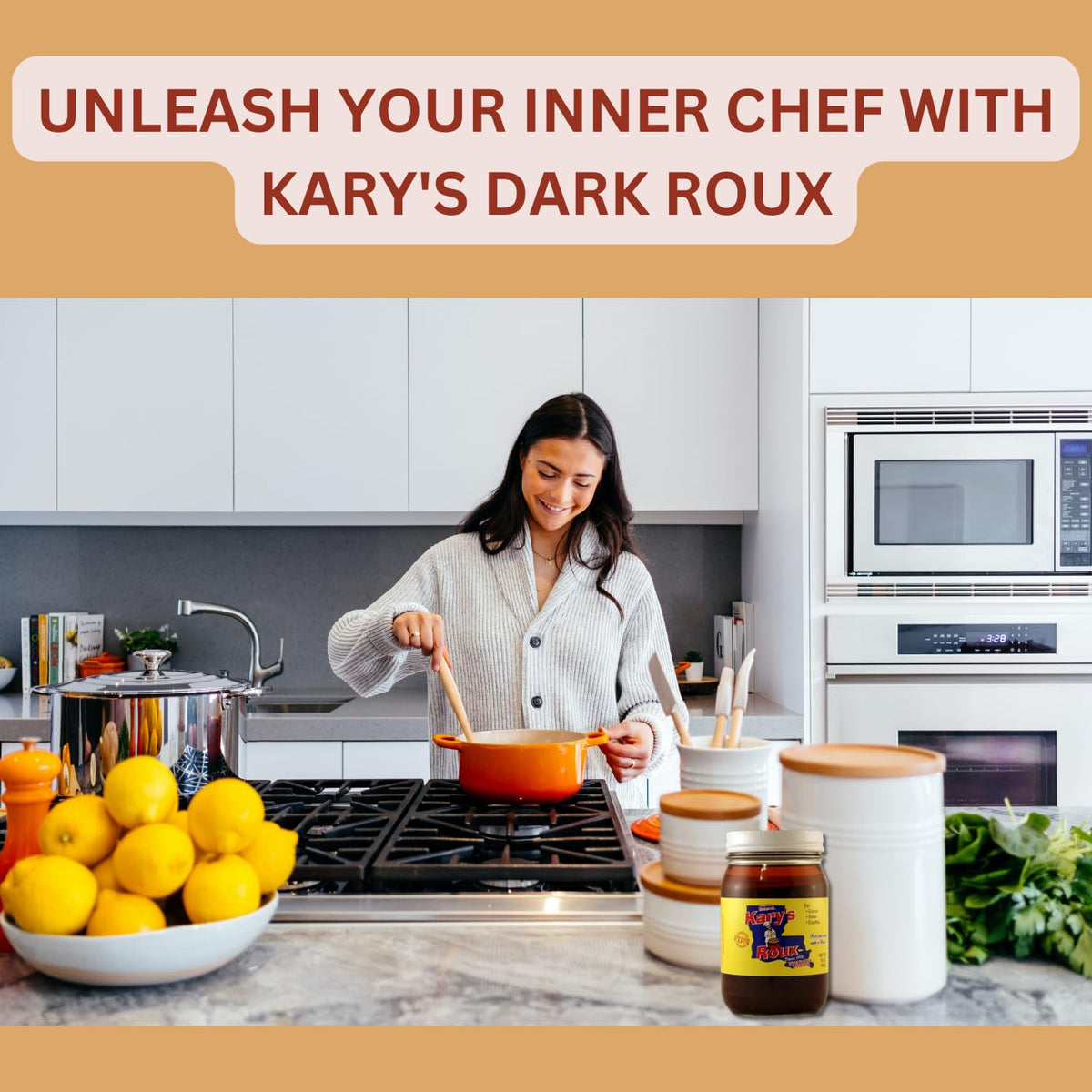 Kary's Original Roux rich brown color, enhances sauces with depth.