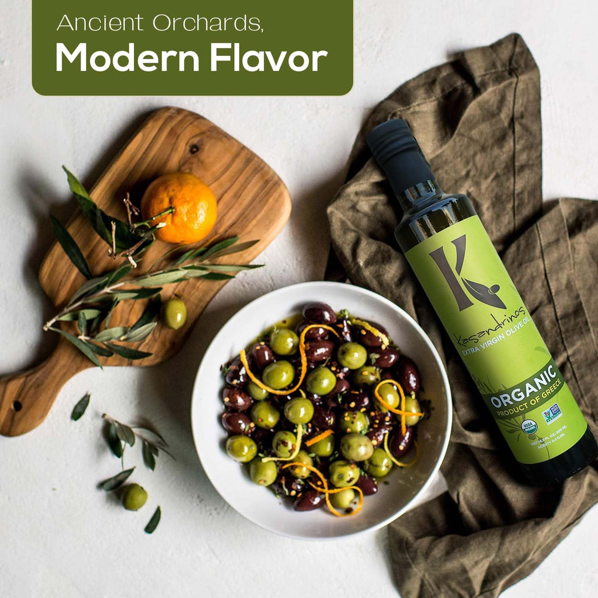 Kasandrinos Organic Olive Oil closeup in a glass bottle highlighting color
