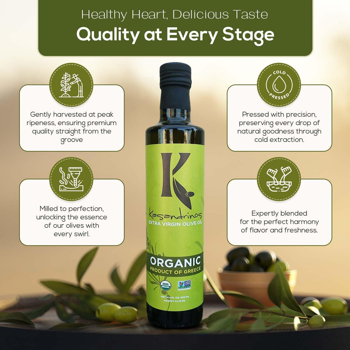 Kasandrinos Organic Olive Oil bottle ready for cooking in the kitchen