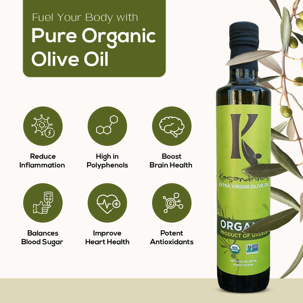 Kasandrinos Organic Olive Oil finishing drizzle over warm vegetables