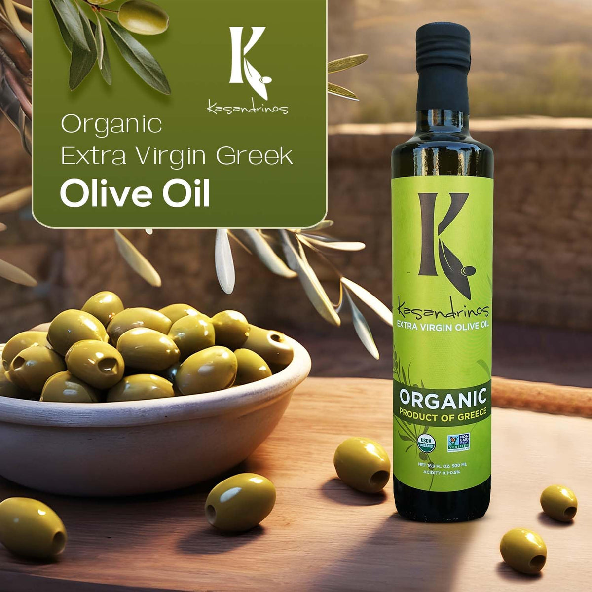 Kasandrinos Organic Olive Oil being poured over a fresh salad to enhance flavor
