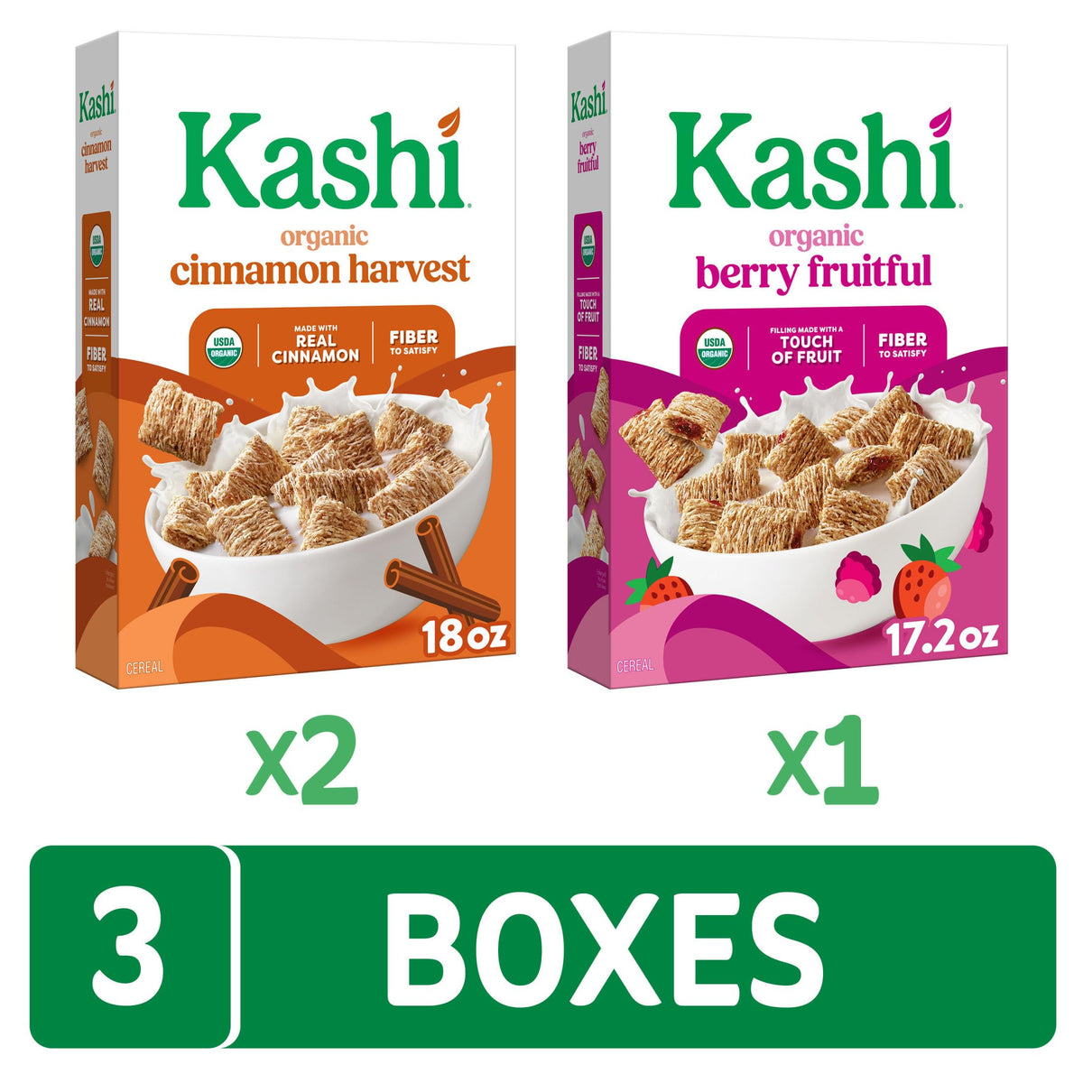 Kashi Berry Fruitful cereal box front with fruity notes and fiber-rich nutrition.
