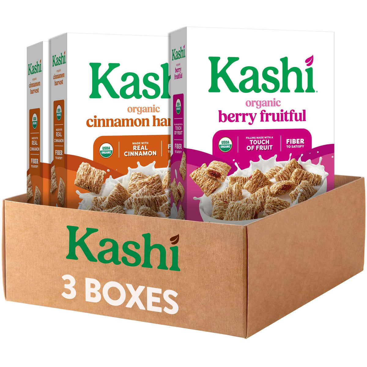 Kashi Cinnamon Harvest cereal box front highlighting organic whole grains for a hearty breakfast.