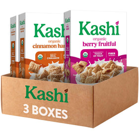 Kashi Cinnamon Harvest cereal box front highlighting organic whole grains for a hearty breakfast.